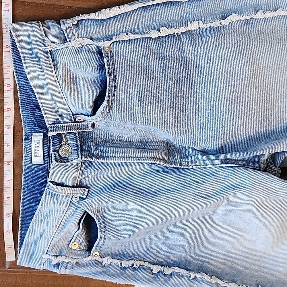 Lowrys Farm Cone Wide Straight High Waist Side Stripe Frey Hem Denim Blue Jeans - Picture 5 of 11